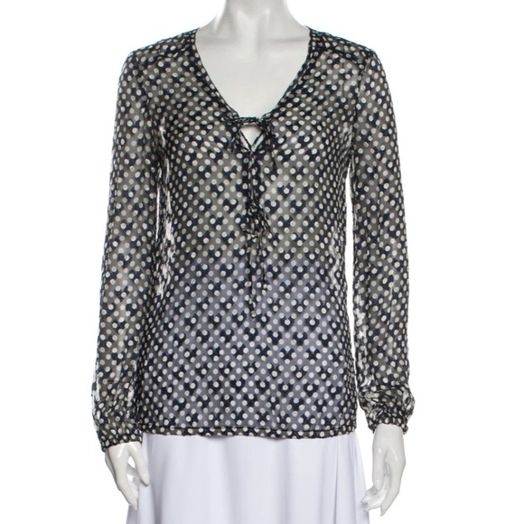 Tory Burch Polka Dot Silk Lace Up Semi Sheer Blouse Size 10 Navy - Picture 2 of 10